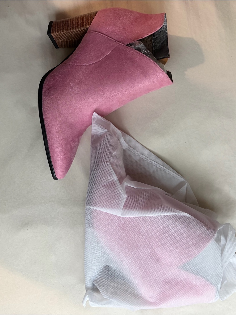 Women's Pink Suede Ankle Booties with Stacked Heel